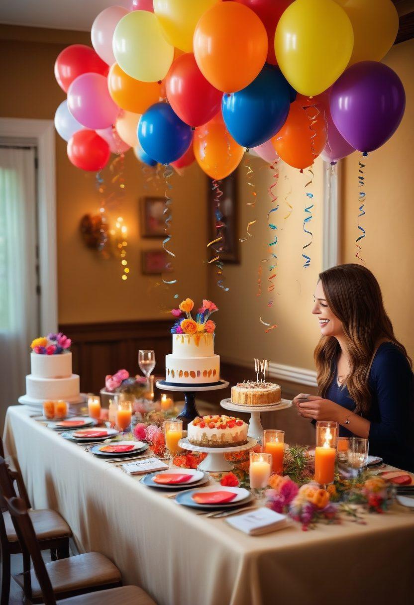A beautifully arranged table for a celebration, adorned with personalized decorations like custom name tags and unique gift items. Include a variety of colorful balloons and a cake with artistic frosting, all set against a warm, inviting backdrop. The atmosphere should evoke joy and a sense of togetherness, with people laughing and enjoying the moment. super-realistic. vibrant colors. warm lighting.