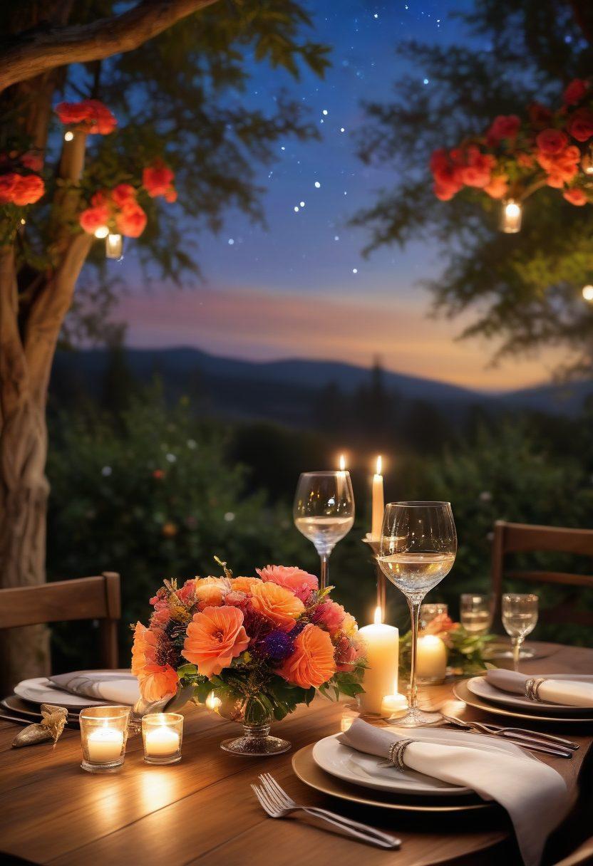 A cozy candlelit dinner setup with a beautifully arranged table featuring flowers and soft lighting. Include two wine glasses clinking, with a backdrop of a starry night sky. Add a gentle breeze rustling through nearby trees for a romantic atmosphere. Emphasize warm, inviting colors. super-realistic. vibrant colors.