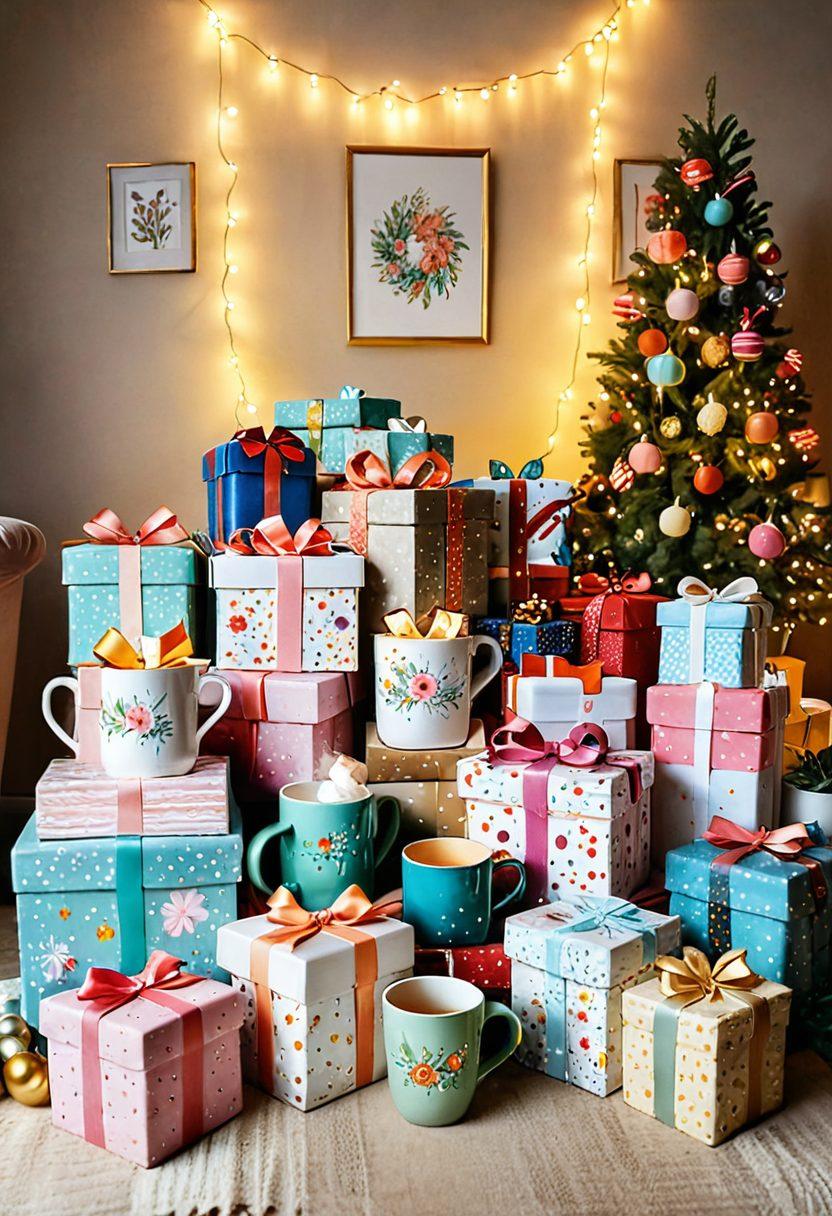 A whimsical scene showcasing a beautifully wrapped gift box surrounded by an array of unique and creative presents, such as hand-painted mugs, personalized photo frames, and DIY crafts. The background features a cozy, inviting atmosphere with soft, warm lighting and decorations like fairy lights and flowers. A hint of surprise and joy captured on imaginary faces peeking at the gifts. bright colors. cozy illustration style.